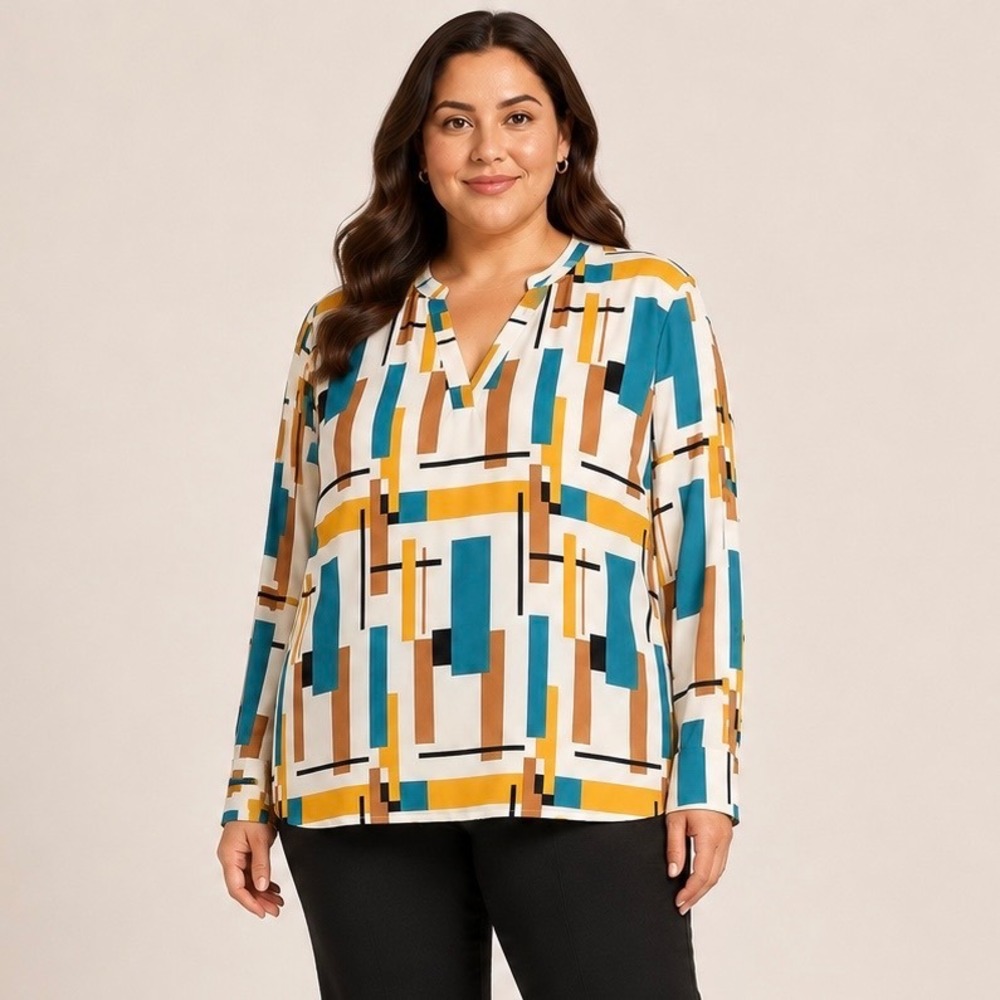 Shein 3X Geometric Colorblock Blouse V Neck Roll Tab Sleeve Retro Plus Office